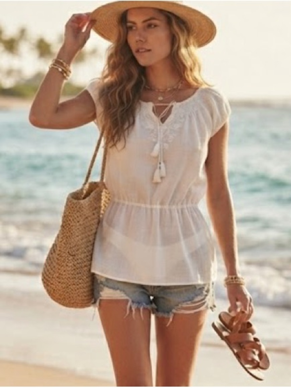 Beach or Swimsuit Cover-Up Tunic -White Embroidered Beach Smock Neck with Tassel
